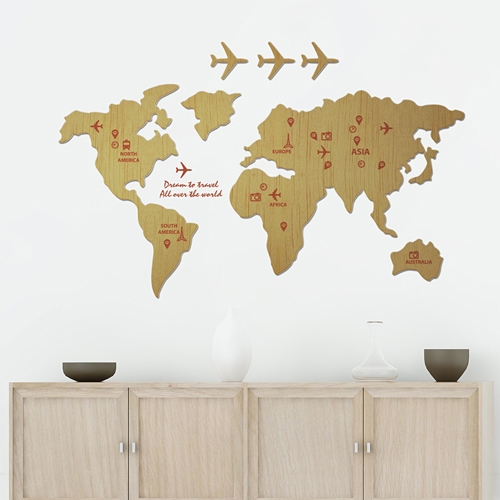 [우드스티커] 세계지도 (컬러완제품) - 입체우드 월데코  포인트 나무스카시 벽장식