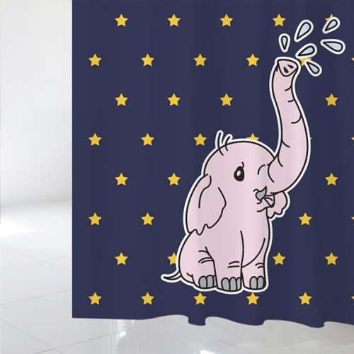 SC145[샤워 커튼]귀여운 아기 코끼리 한마리와 노란 작은 별 패턴