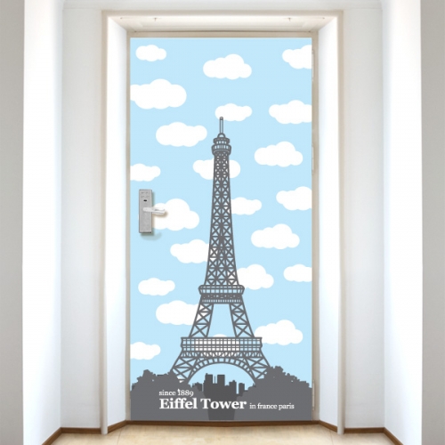 DS134[현관문 시트] 귀여운 구름 배경에 프랑스 파리의 에펠 탑