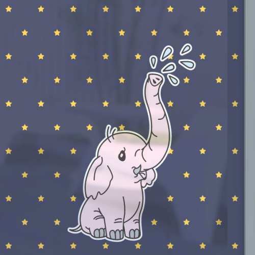 NCW145[무점착 창문시트지]귀여운 아기 코끼리 한마리와 노란 작은 별 패턴