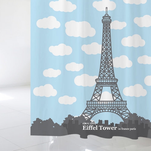 SC134[샤워 커튼] 귀여운 구름 배경에 프랑스 파리의 에펠 탑
