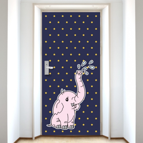 DS145[현관문 시트]귀여운 아기 코끼리 한마리와 노란 작은 별 패턴