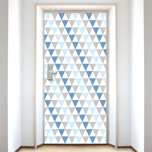 DS206[현관문 시트]하늘색과 회색과 파랑색의 미들 삼각형 패턴