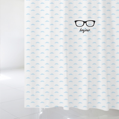 SC245[샤워 커튼]봉쥬르 안경과 하늘색 수염 패턴