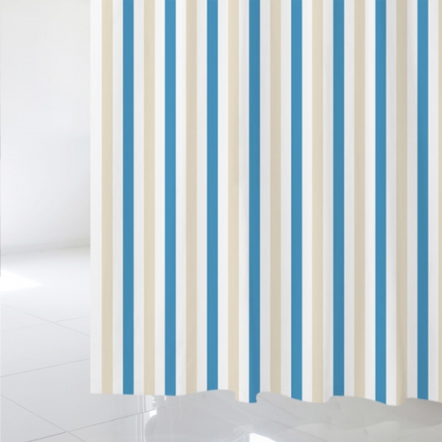 SC360[샤워 커튼]베이지색과 연한 파란색의 세로 줄무늬 패턴