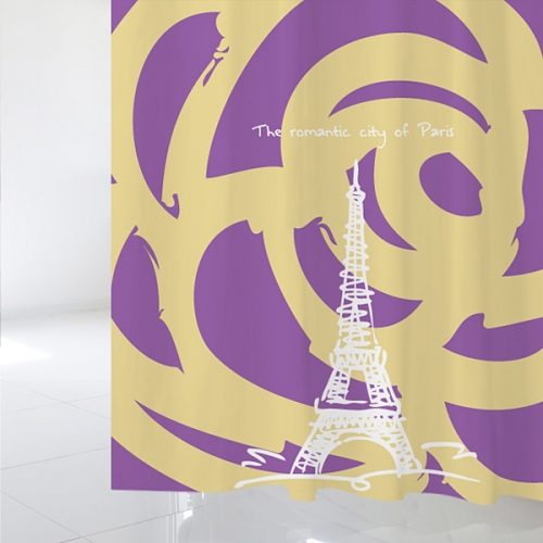 SC369[샤워 커튼]보라색 장미 배경 에펠탑 일러스트