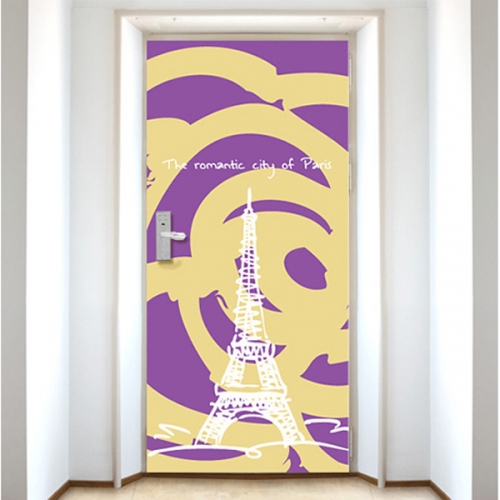 DS369[현관문 시트]보라색 장미 배경 에펠탑 일러스트