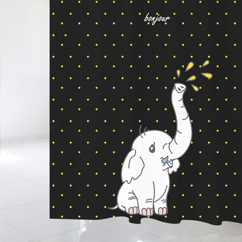 SC439[샤워 커튼] 밤하늘의 노란 별 무늬와 귀여운 아기 코끼리