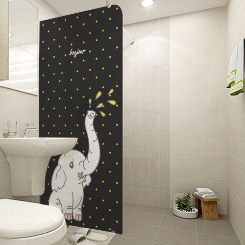 NSW439[무점착 샤워 윈도우 시트] 밤하늘의 노란 별 무늬와 귀여운 아기 코끼리