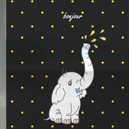 NCW439[무점착 창문시트] 밤하늘의 노란 별 무늬와 귀여운 아기 코끼리