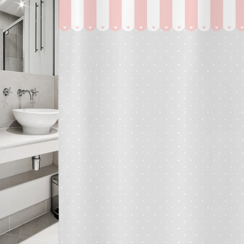 SC417[샤워 커튼] 흰색&핑크색 지붕과 회색바탕에 흰색 도트