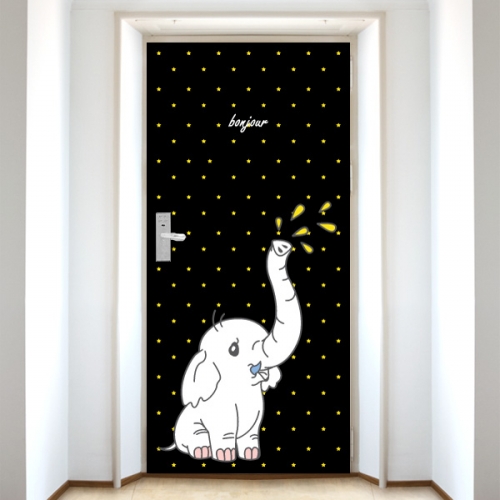 DS439[현관문 시트] 밤하늘의 노란 별 무늬와 귀여운 아기 코끼리