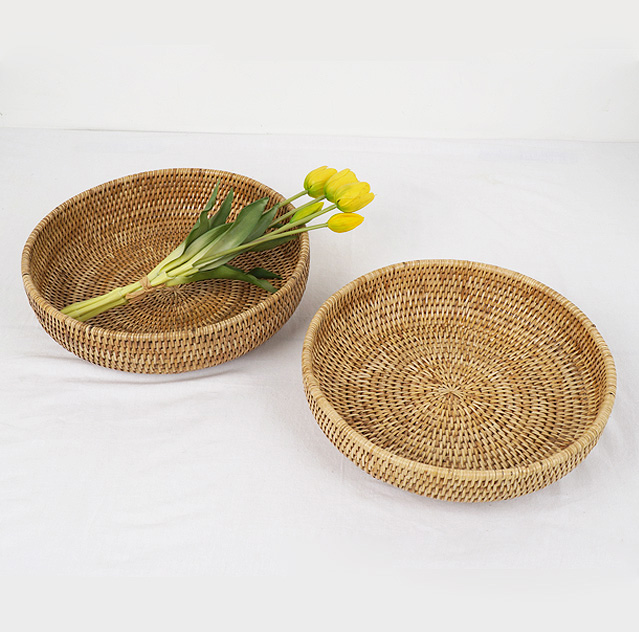 라탄 과일 낮은 바구니 둥근 소쿠리 바스켓 빵 디저트 주방소품(2P)1set